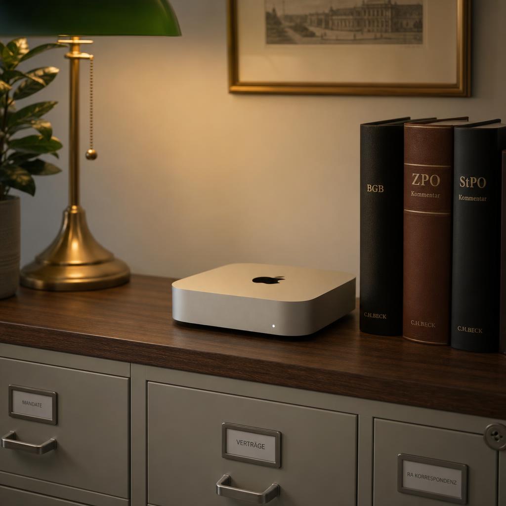 Mac Mini auf dem Aktenschrank einer Kanzlei, daneben BGB-, ZPO- und StPO-Kommentare unter einer Bankerlampe.