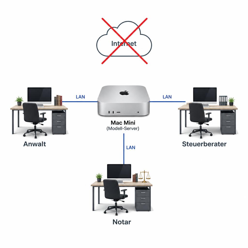 Topologie: Mac Mini als Modell-Server, per LAN mit drei Arbeitsplätzen (Anwalt, Steuerberater, Notar) verbunden, Internet durchgestrichen.