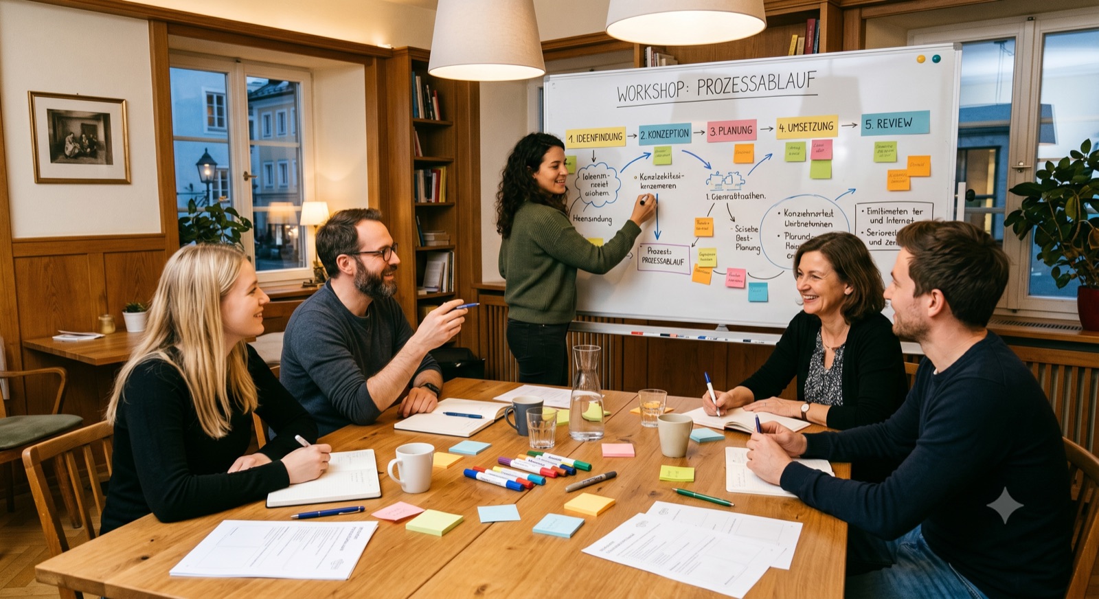 Kleine Gruppe an einem Holztisch mit Notizbüchern, im Hintergrund ein Whiteboard mit dem Prozessablauf eines Workshops.